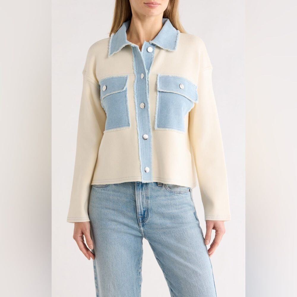 Nanette Lepore Colorblock Cropped Button-Up Top Ivory Blue XL Long Sleeve